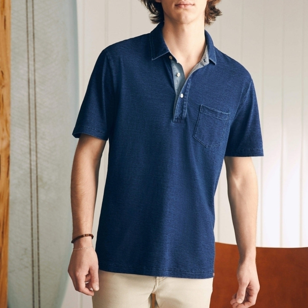 Faherty Blue Striped 100% Cotton Relaxed Short Sleeve Indigo Polo Shirt Size L